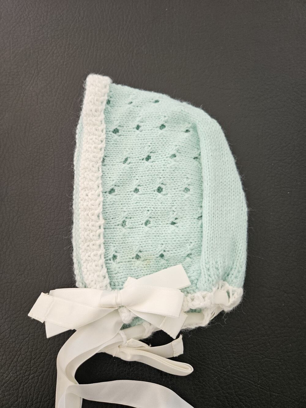 Vintage Hand-Knit Mint Green Baby Bonnet With Ribbon Ties, for Baby or Doll